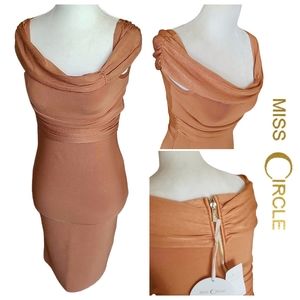 Miss Circle | Light Bronze Bodycon Draped Shoulder Neckline Mini Party Dress XS